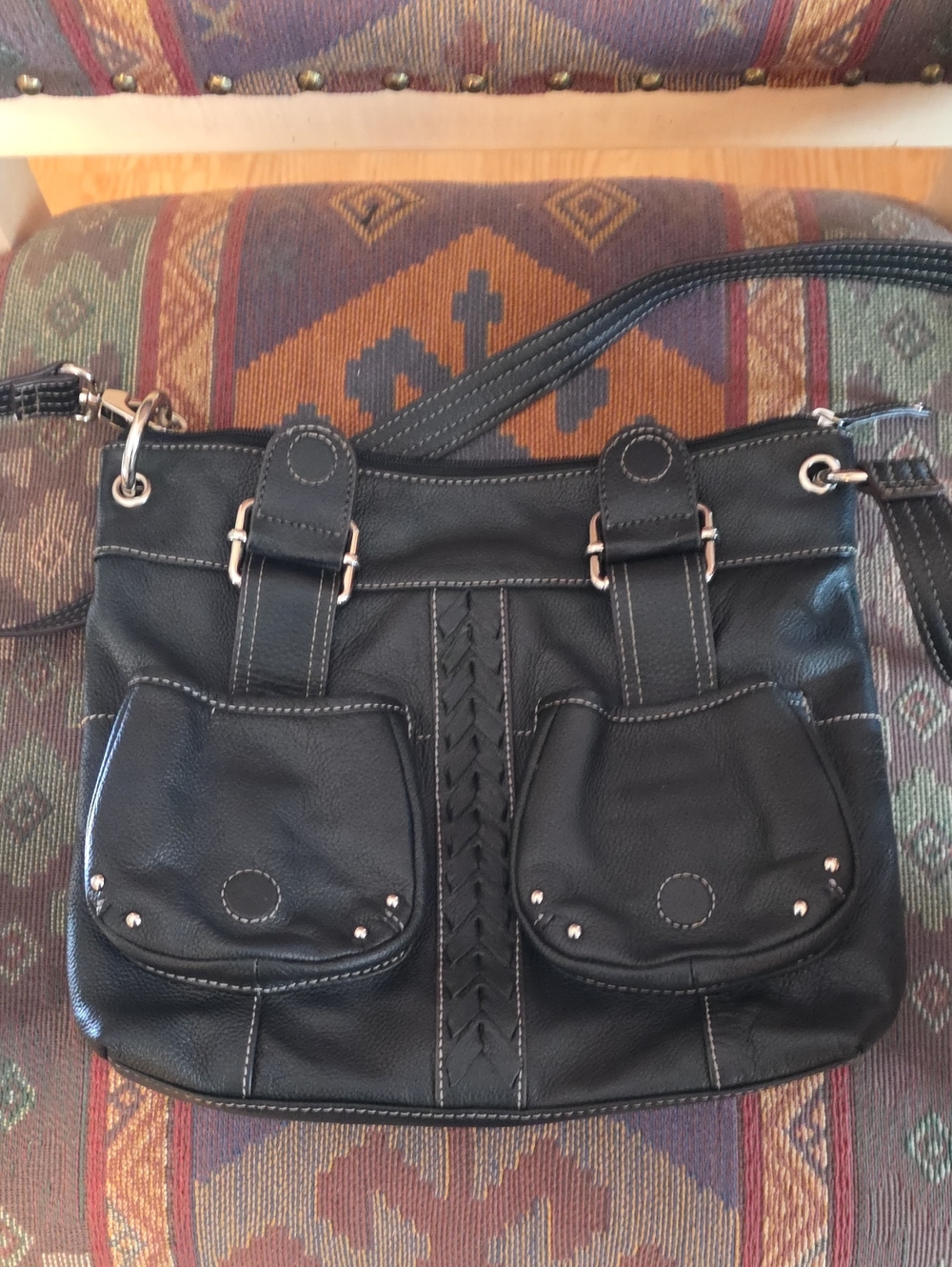 Vintage Tignanello Black Pebbled Leather Crossbody Bag Buckle Details EUC - Picture 14 of 15